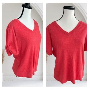 Lee red ribbed, puffy sleeve V-neck top